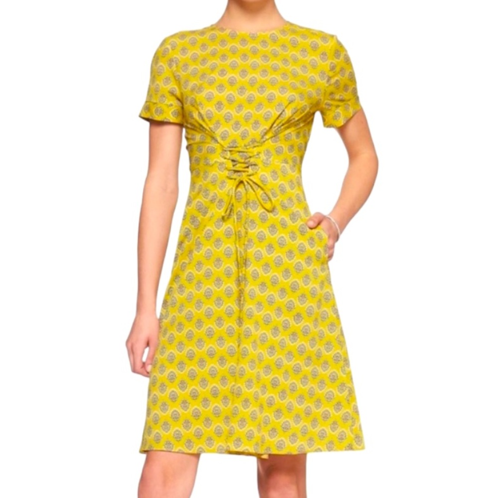 Banana Republic Yellow Corset Bohemian Sundress Lace Up Front Mini Dress Size 2